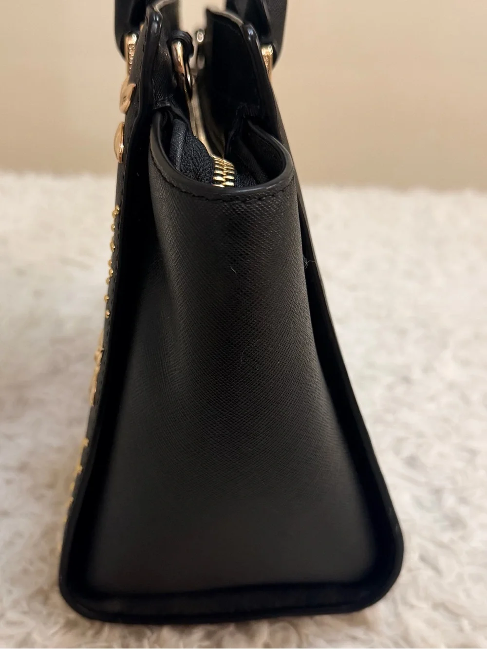 Michael Kors Selma Medium Studded Floral Satchel In Black Saffiano Leather